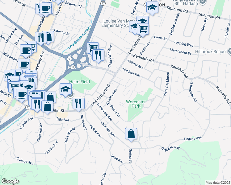 map of restaurants, bars, coffee shops, grocery stores, and more near 128 Whitney Avenue in Los Gatos