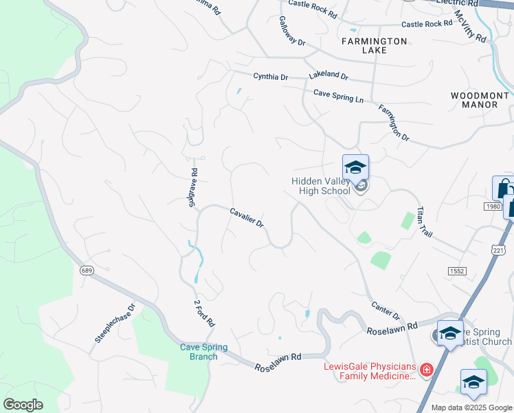 map of restaurants, bars, coffee shops, grocery stores, and more near 5720 Cavalier Drive in Cave Spring