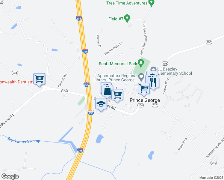 map of restaurants, bars, coffee shops, grocery stores, and more near 6521 Commons Drive in Prince George