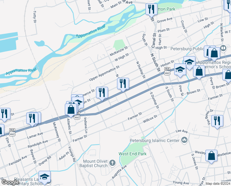 map of restaurants, bars, coffee shops, grocery stores, and more near 1127 West Washington Street in Petersburg