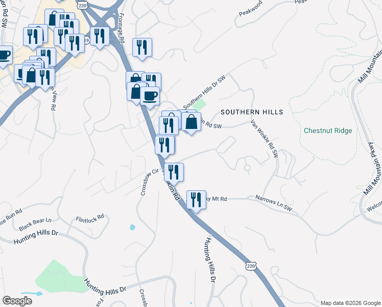 map of restaurants, bars, coffee shops, grocery stores, and more near 4349-4403 Pheasant Ridge Road in Roanoke