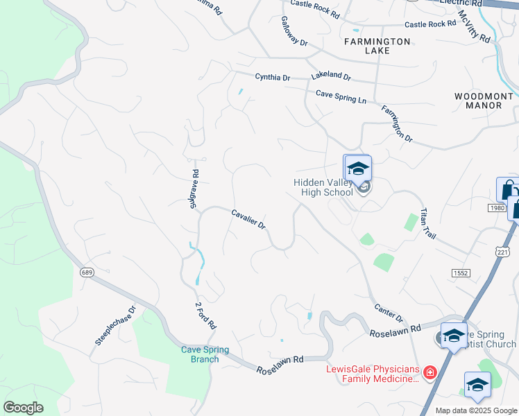 map of restaurants, bars, coffee shops, grocery stores, and more near 5720 Cavalier Drive in Cave Spring