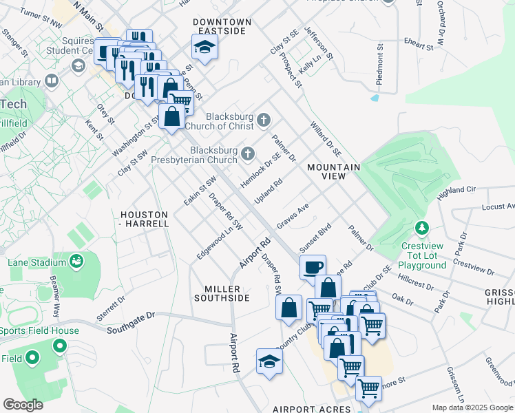 map of restaurants, bars, coffee shops, grocery stores, and more near 901 Draper Road Southwest in Blacksburg