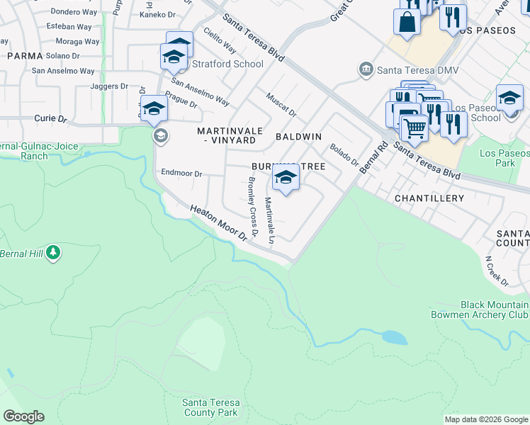 map of restaurants, bars, coffee shops, grocery stores, and more near 311 Bromley Cross Drive in San Jose