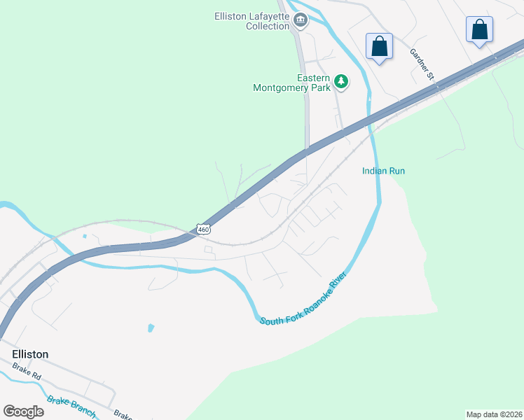map of restaurants, bars, coffee shops, grocery stores, and more near 9700 Roanoke Road in Elliston