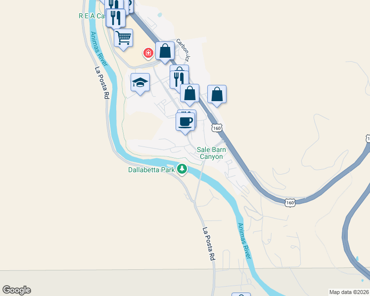 map of restaurants, bars, coffee shops, grocery stores, and more near Animas River Trail in Durango
