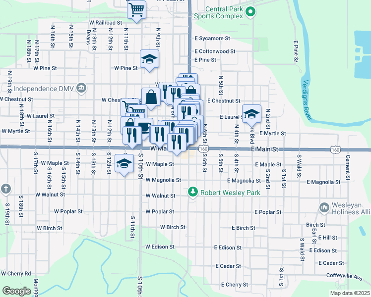 map of restaurants, bars, coffee shops, grocery stores, and more near 121 West Main Street in Independence