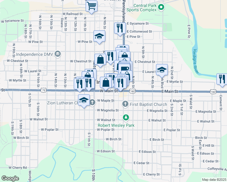 map of restaurants, bars, coffee shops, grocery stores, and more near 201 West Main Street in Independence