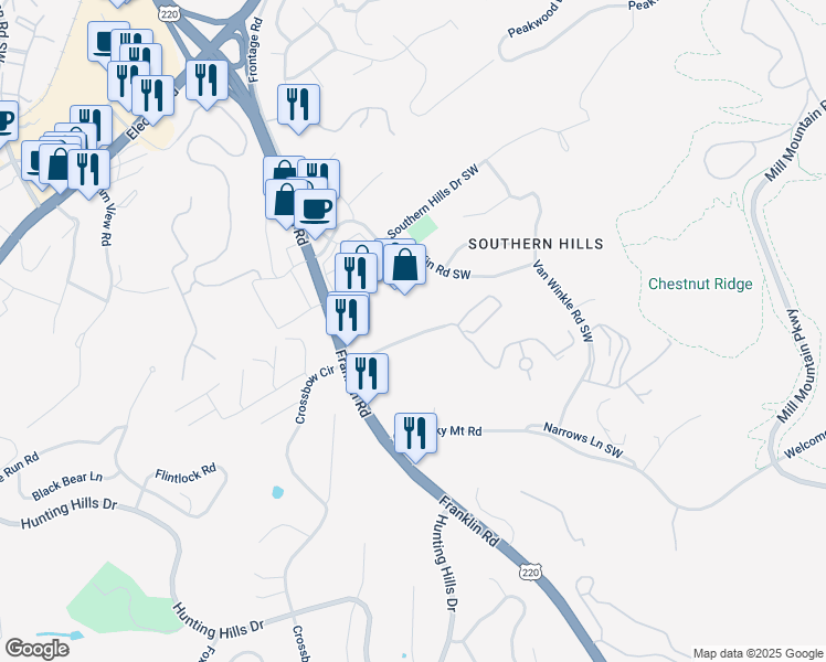 map of restaurants, bars, coffee shops, grocery stores, and more near 4438 Pheasant Ridge Road in Roanoke