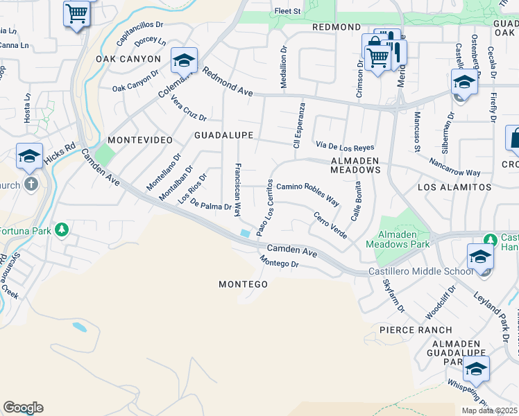 map of restaurants, bars, coffee shops, grocery stores, and more near 1462 Camino Robles Court in San Jose