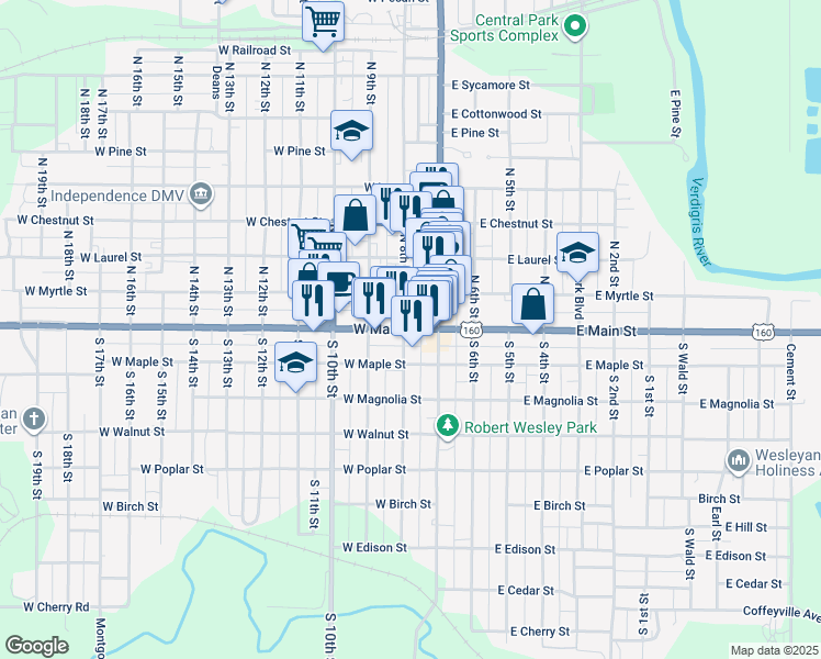 map of restaurants, bars, coffee shops, grocery stores, and more near 121 West Main Street in Independence