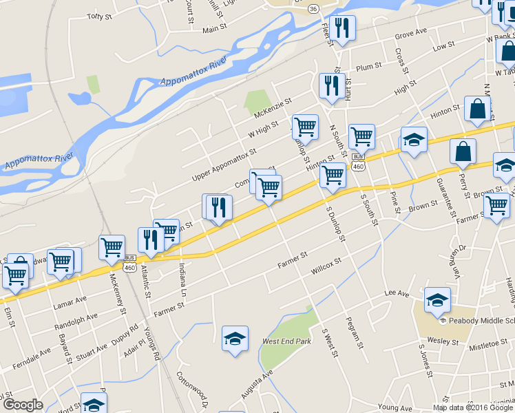 map of restaurants, bars, coffee shops, grocery stores, and more near 1113 West Washington Street in Petersburg
