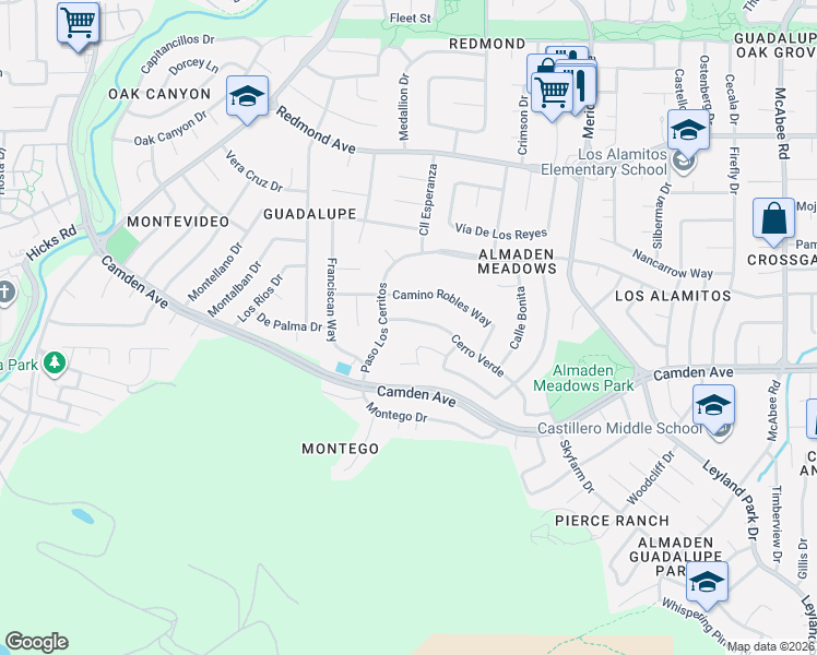 map of restaurants, bars, coffee shops, grocery stores, and more near 1438 Camino Robles Way in San Jose