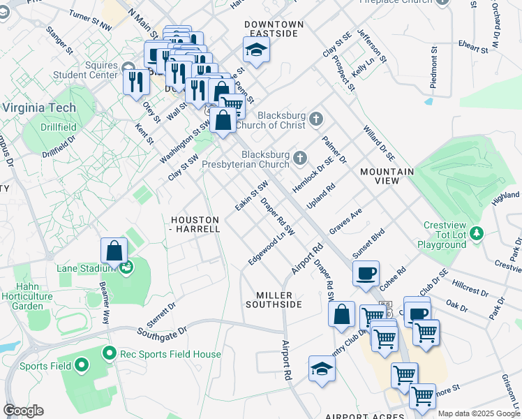 map of restaurants, bars, coffee shops, grocery stores, and more near 608 Draper Rd SW in Blacksburg