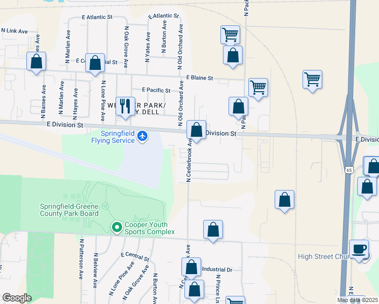 map of restaurants, bars, coffee shops, grocery stores, and more near 1404-1498 North Cedarbrook Avenue in Springfield