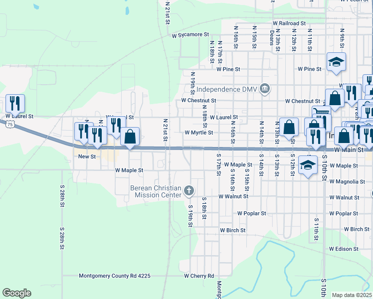 map of restaurants, bars, coffee shops, grocery stores, and more near N 19th St in Independence