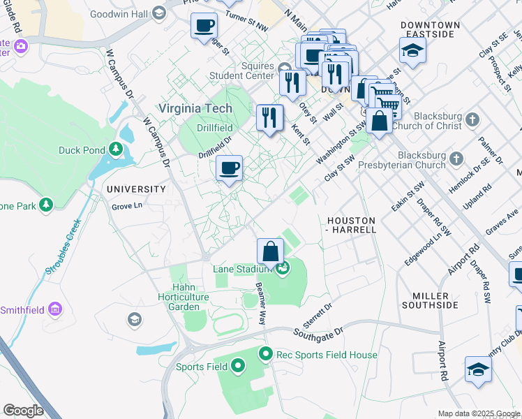 map of restaurants, bars, coffee shops, grocery stores, and more near in Blacksburg