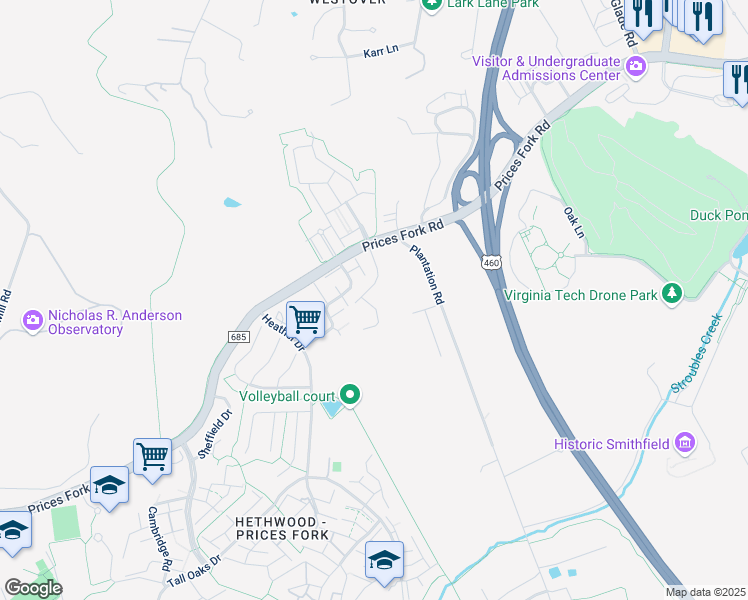 map of restaurants, bars, coffee shops, grocery stores, and more near 904 Brightwood Manor Drive in Blacksburg