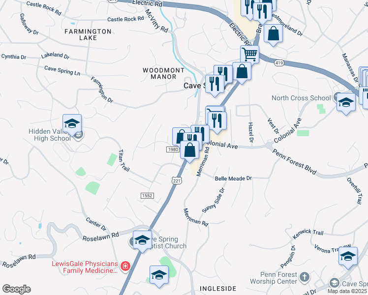 map of restaurants, bars, coffee shops, grocery stores, and more near 4521 Brambleton Avenue in Roanoke