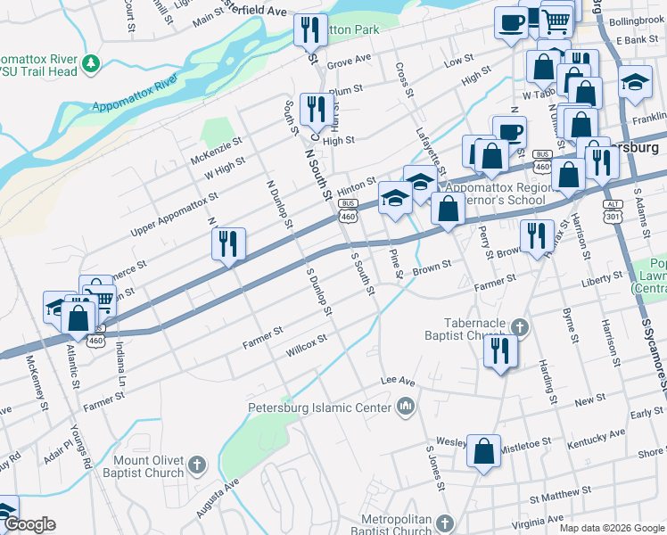 map of restaurants, bars, coffee shops, grocery stores, and more near 837 West Wythe Street in Petersburg