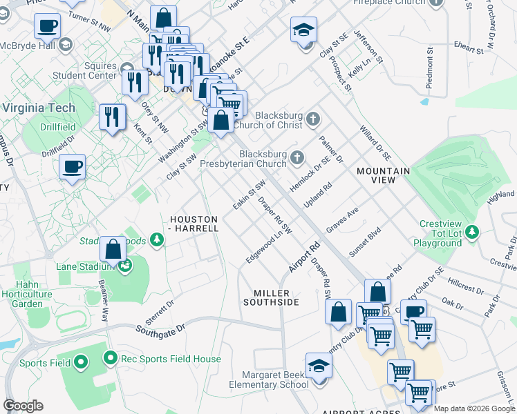 map of restaurants, bars, coffee shops, grocery stores, and more near 608 Draper Rd SW in Blacksburg