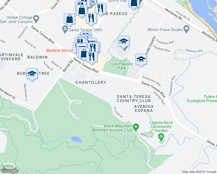 map of restaurants, bars, coffee shops, grocery stores, and more near 7220 Rosencrans Way in San Jose