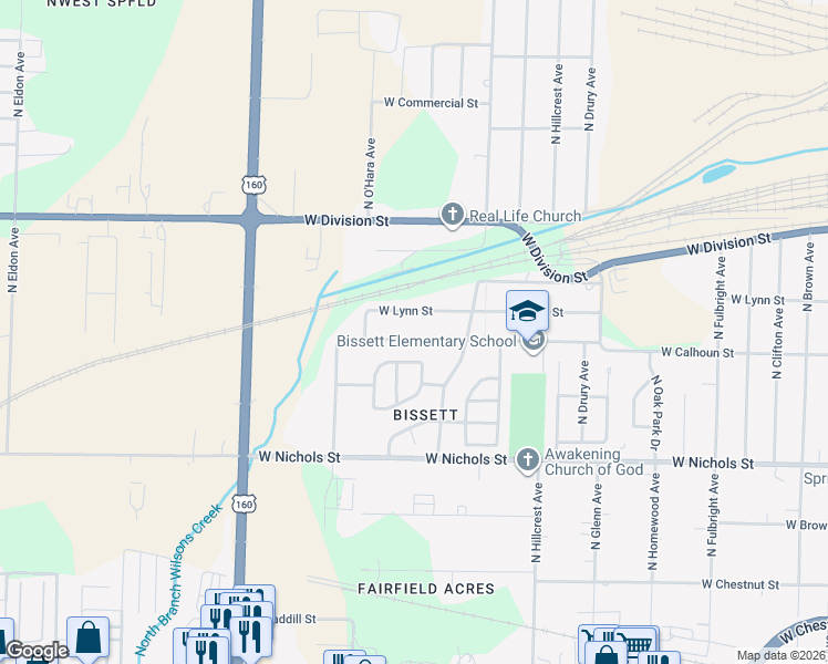 map of restaurants, bars, coffee shops, grocery stores, and more near 1324-1398 N O'Hara Ave in Springfield