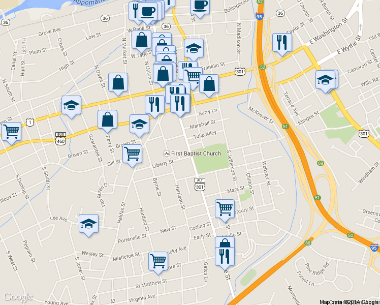 map of restaurants, bars, coffee shops, grocery stores, and more near 250 South Sycamore Street in Petersburg