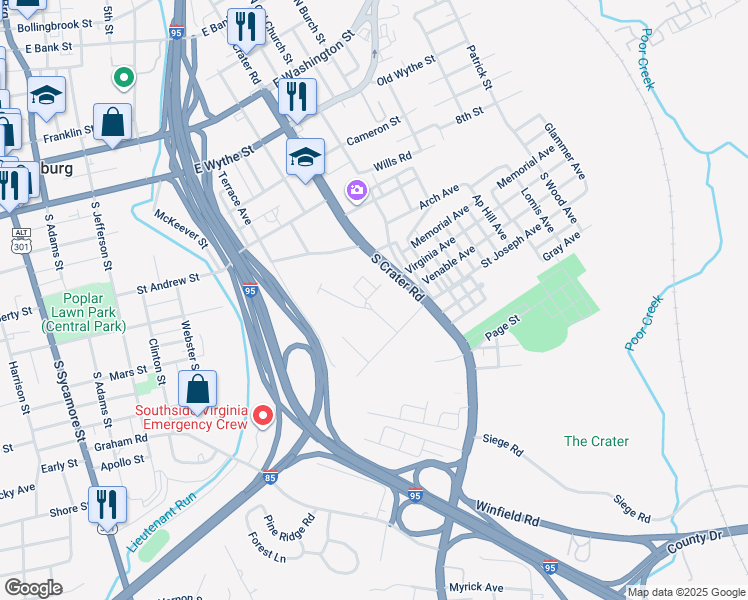 map of restaurants, bars, coffee shops, grocery stores, and more near 449 Round Top Avenue in Petersburg