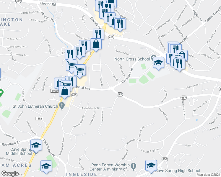 map of restaurants, bars, coffee shops, grocery stores, and more near 4719 Colonial Avenue in Roanoke