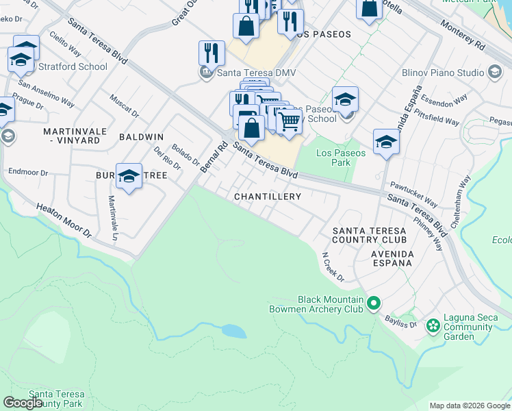 map of restaurants, bars, coffee shops, grocery stores, and more near 7187 Indian Valley Court in San Jose