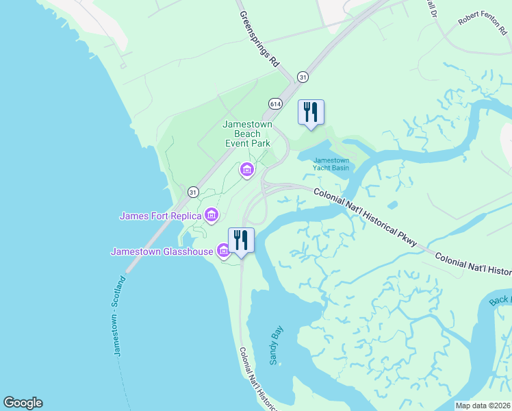 map of restaurants, bars, coffee shops, grocery stores, and more near in Jamestown