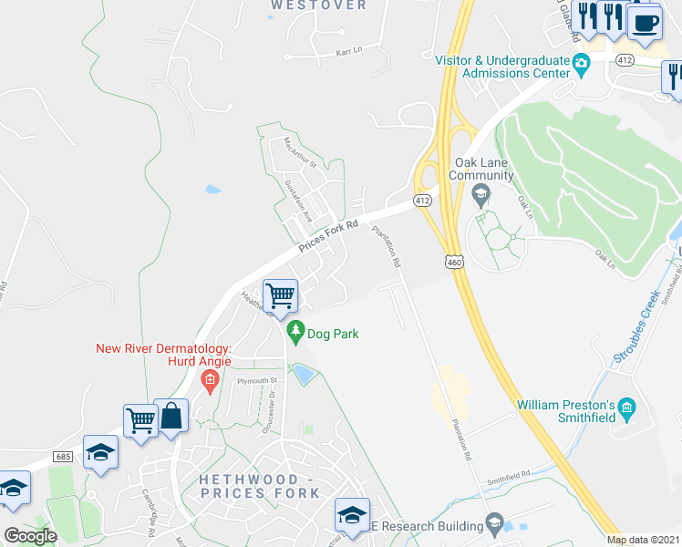 map of restaurants, bars, coffee shops, grocery stores, and more near 113 Canterbury Court in Blacksburg