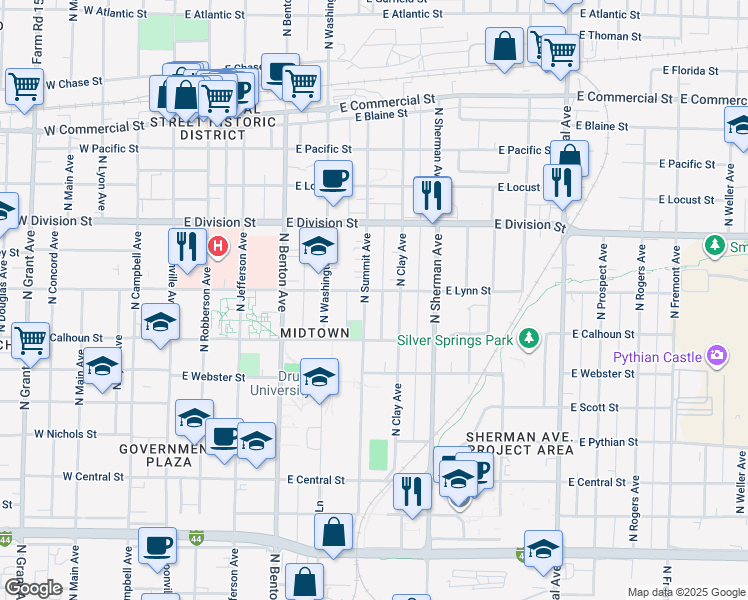 map of restaurants, bars, coffee shops, grocery stores, and more near 1400 North Summit Avenue in Springfield