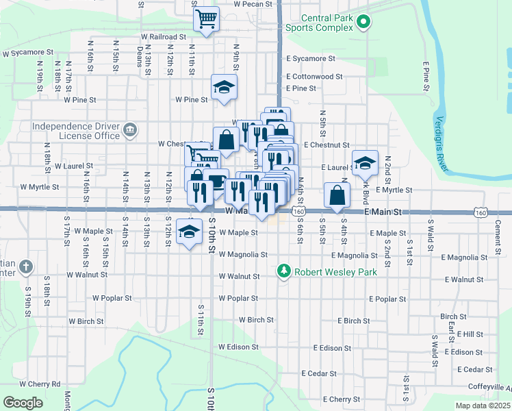 map of restaurants, bars, coffee shops, grocery stores, and more near 123 North 8th Street in Independence