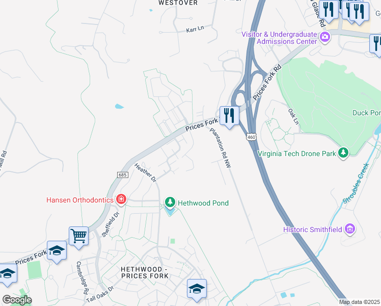 map of restaurants, bars, coffee shops, grocery stores, and more near 113 Canterbury Court in Blacksburg