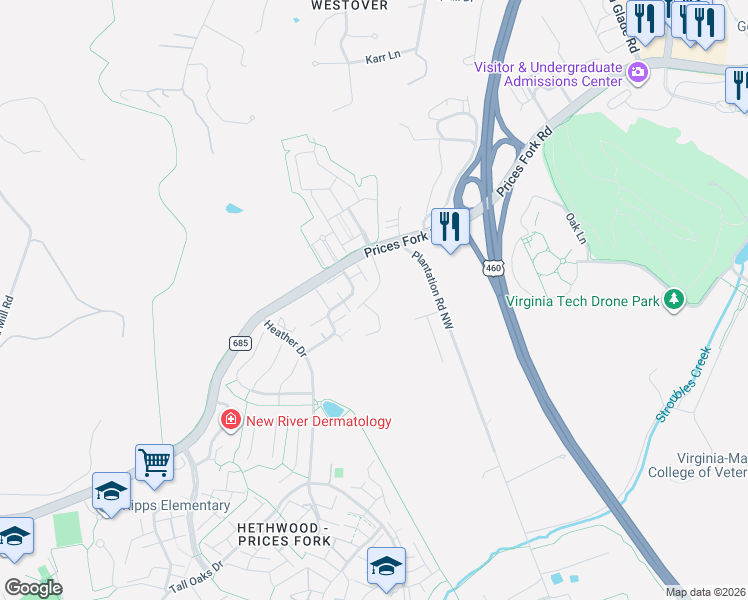 map of restaurants, bars, coffee shops, grocery stores, and more near 113 Canterbury Court in Blacksburg
