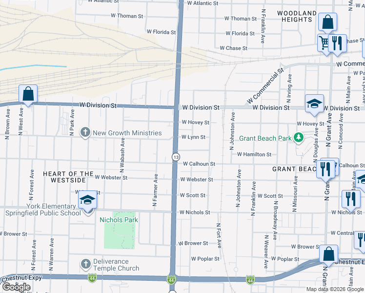 map of restaurants, bars, coffee shops, grocery stores, and more near 1500 West Lynn Street in Springfield