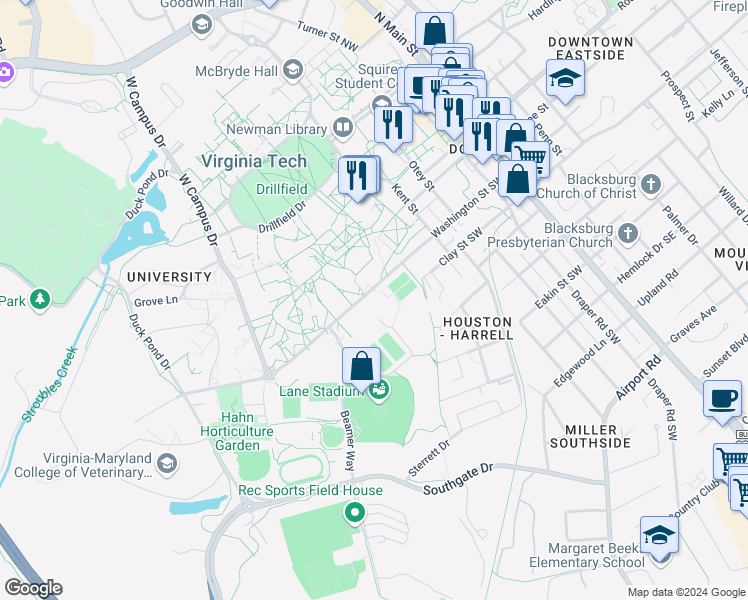 map of restaurants, bars, coffee shops, grocery stores, and more near 603 Washington Street Southwest in Blacksburg