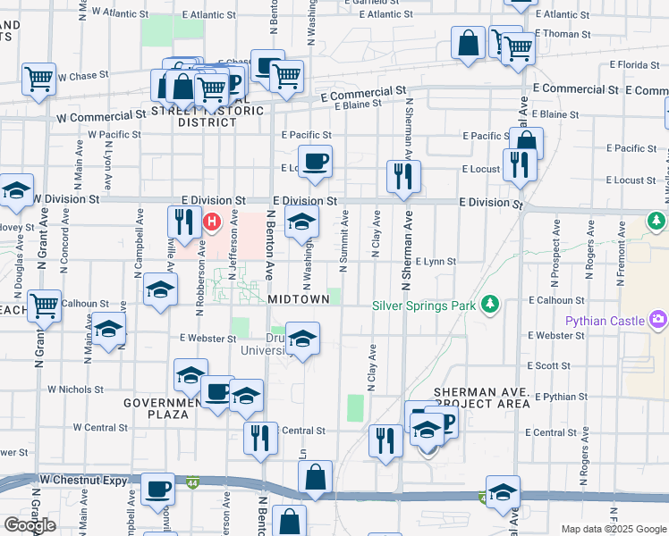 map of restaurants, bars, coffee shops, grocery stores, and more near 1406 North Washington Avenue in Springfield