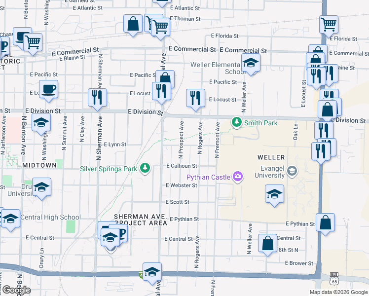 map of restaurants, bars, coffee shops, grocery stores, and more near 1340 North Prospect Avenue in Springfield
