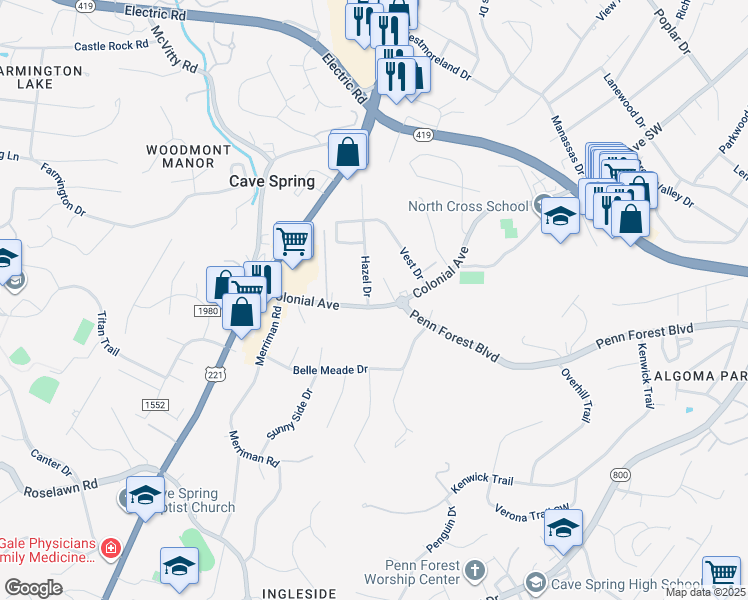 map of restaurants, bars, coffee shops, grocery stores, and more near 4719 Colonial Avenue in Roanoke