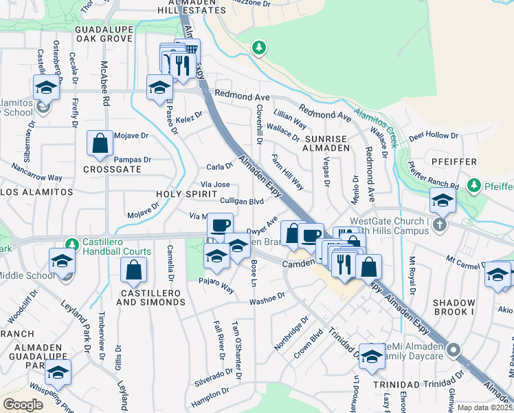 map of restaurants, bars, coffee shops, grocery stores, and more near 1108 Culligan Boulevard in San Jose