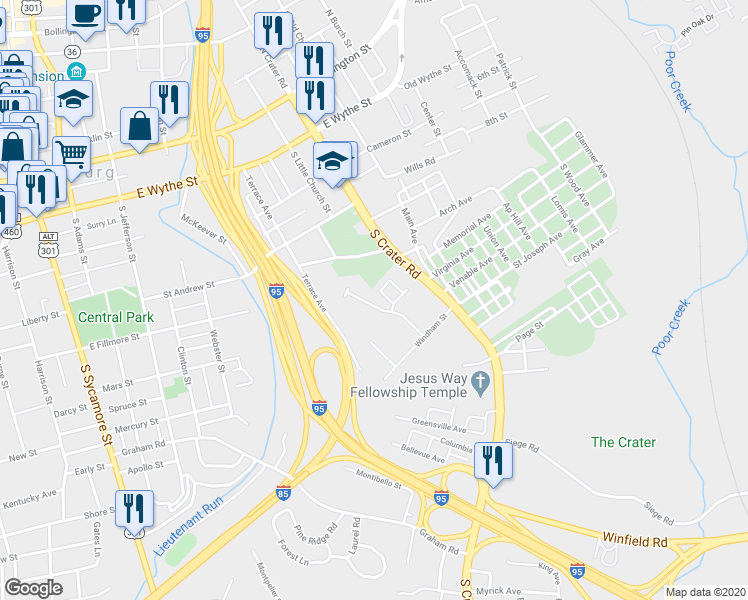 map of restaurants, bars, coffee shops, grocery stores, and more near 429 Round Top Avenue in Petersburg