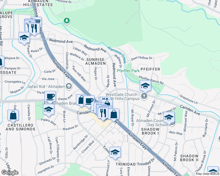 map of restaurants, bars, coffee shops, grocery stores, and more near 956 Redmond Avenue in San Jose