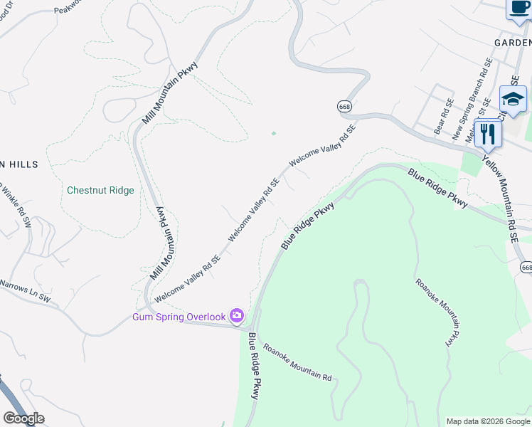 map of restaurants, bars, coffee shops, grocery stores, and more near 3974 Welcome Valley Rd SE in Roanoke