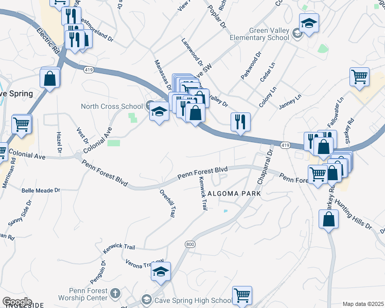 map of restaurants, bars, coffee shops, grocery stores, and more near 3123 Glenmont Drive in Cave Spring