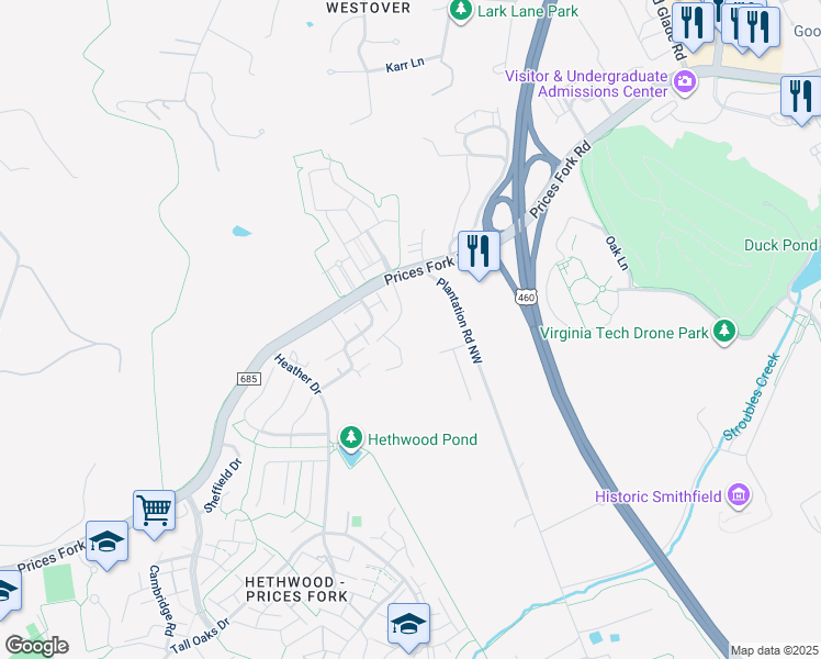 map of restaurants, bars, coffee shops, grocery stores, and more near 113 Canterbury Court in Blacksburg