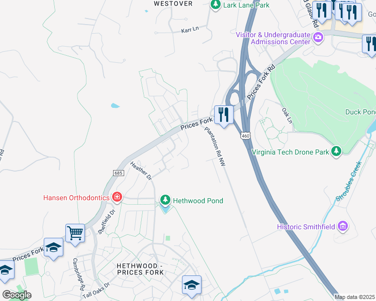 map of restaurants, bars, coffee shops, grocery stores, and more near 113 Canterbury Court in Blacksburg