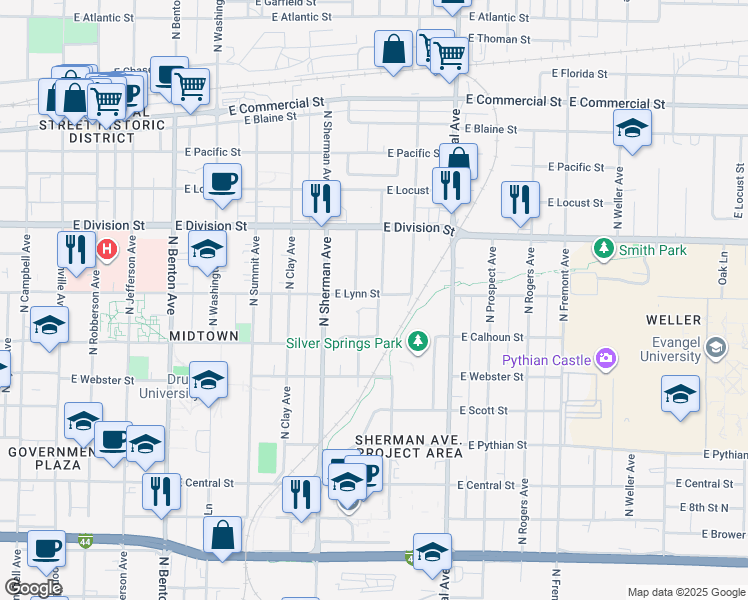 map of restaurants, bars, coffee shops, grocery stores, and more near 1009 East Lynn Street in Springfield